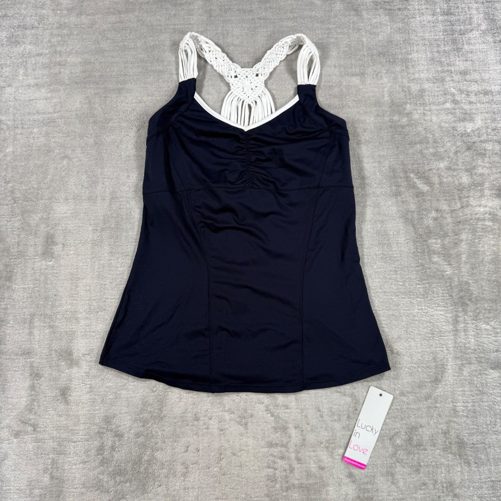 Lucky in Love Tank Top Womens Medium Navy Macrame Racerback Tennis Pickleball
